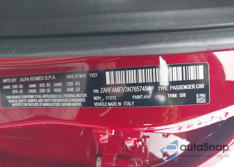 2022 Alfa Romeo Giulia Quadrifoglio Rwd z USA, uszkodzony, nr VIN ZARFAMEV3N7657494